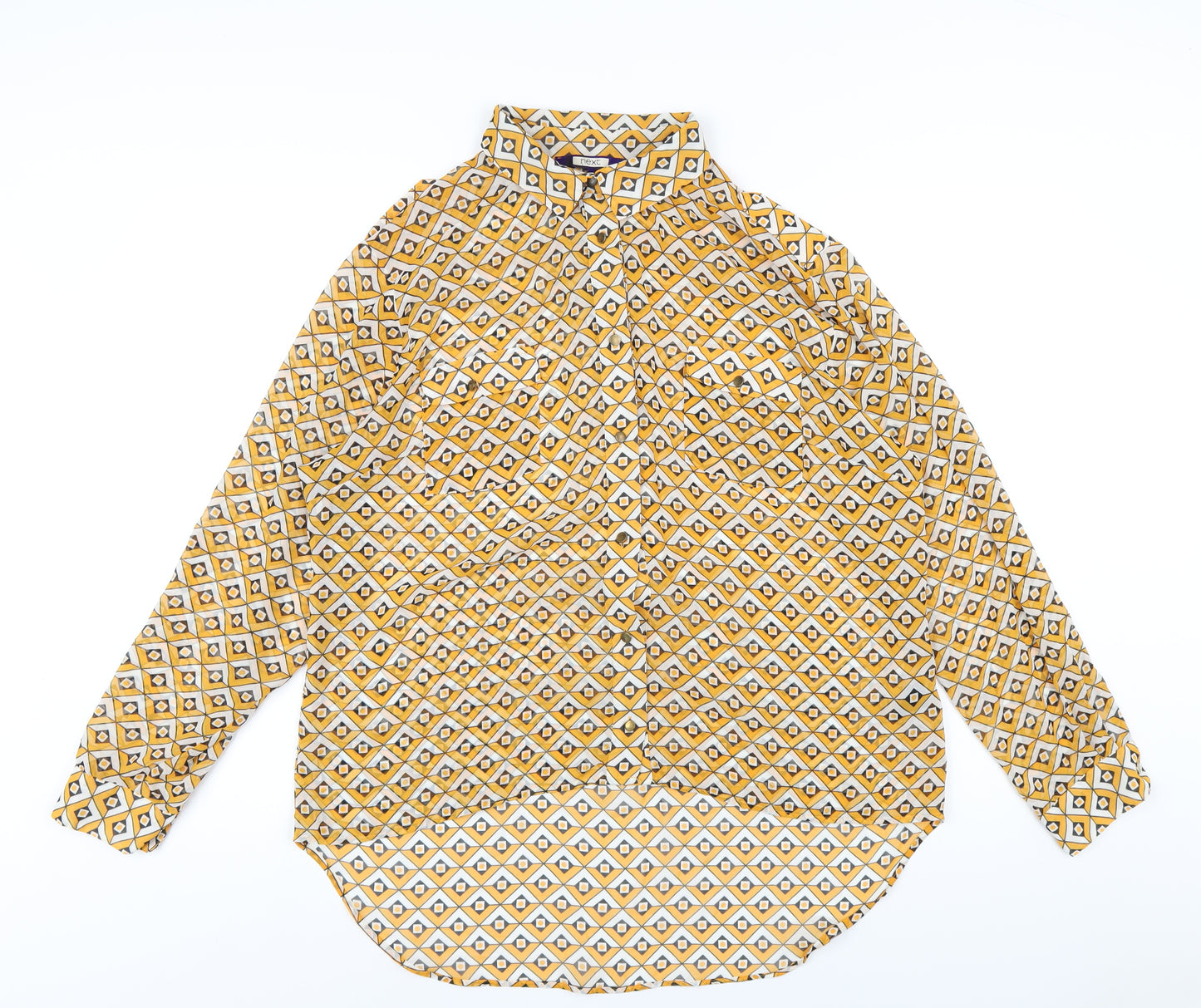 NEXT Womens Yellow Geometric Polyester Basic Button-Up Size 10 Collared