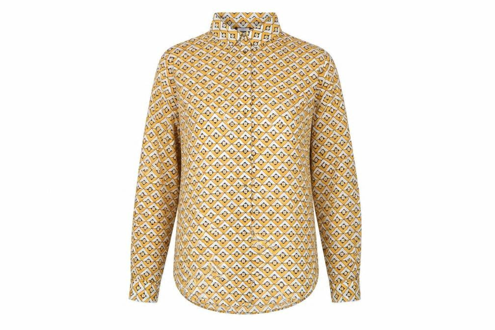 Next Womens Yellow Geometric Polyester Basic Button-Up Size 10 Collared