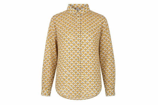 Front view of Next women’s yellow geometric polyester basic button-up, size UK 10, collared