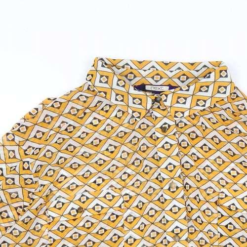 NEXT Womens Yellow Geometric Polyester Basic Button-Up Size 10 Collared