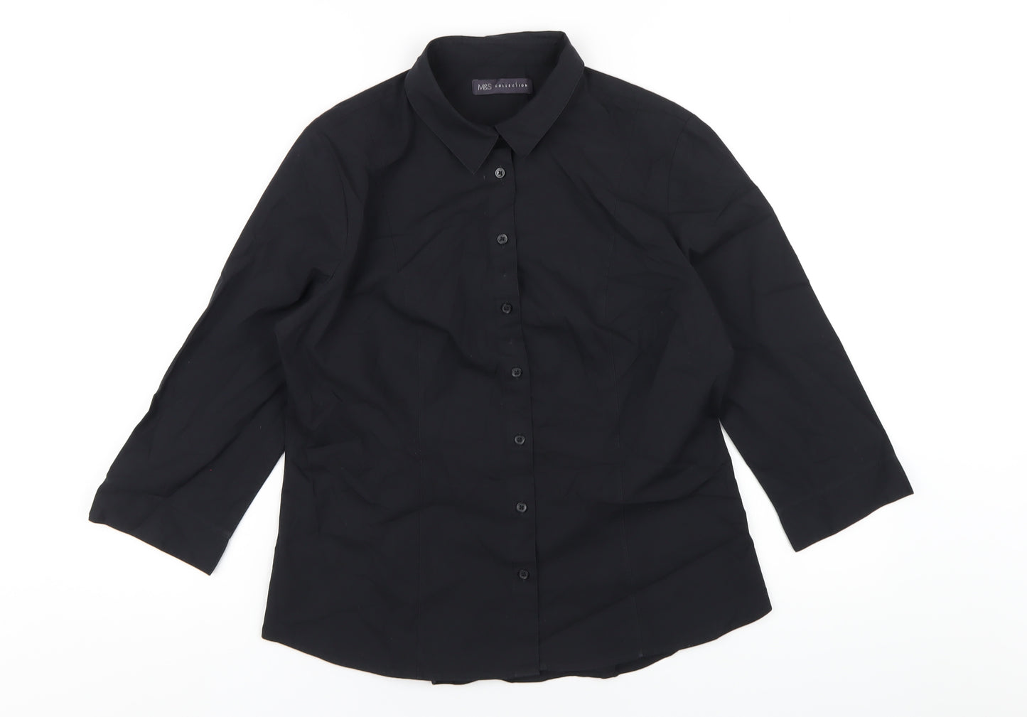 Marks and Spencer Womens Black Cotton Basic Button-Up Size 14 Collared