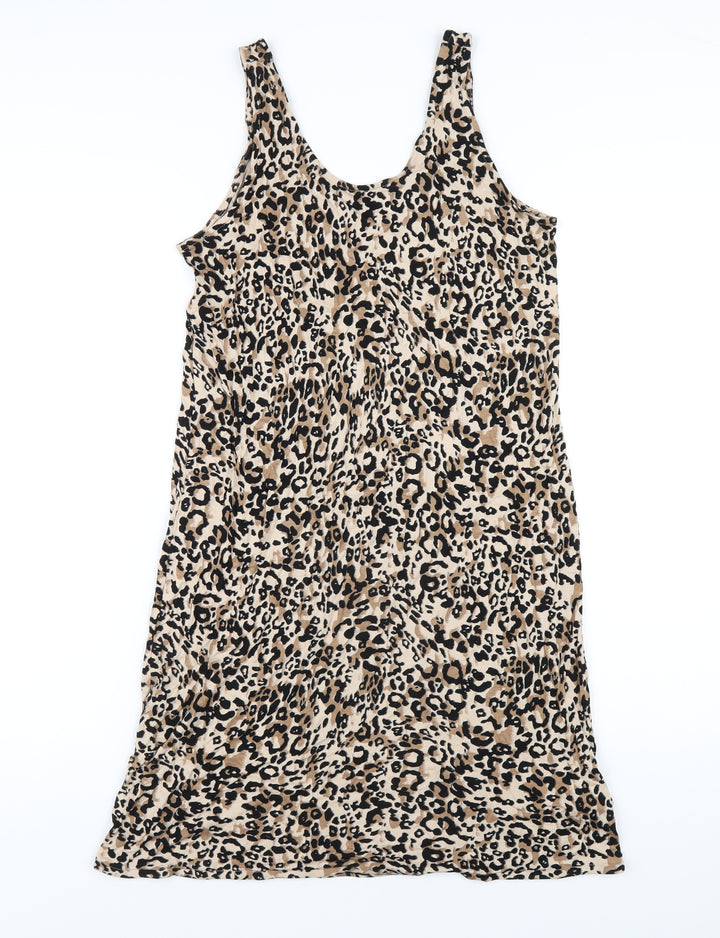 Marks and Spencer Womens Brown Animal Print Viscose Tank Dress Size M Scoop Neck Pullover