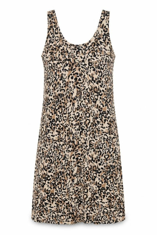 Front view of Marks & Spencer women’s brown animal print viscose tank dress, size M, scoop neck pullover
