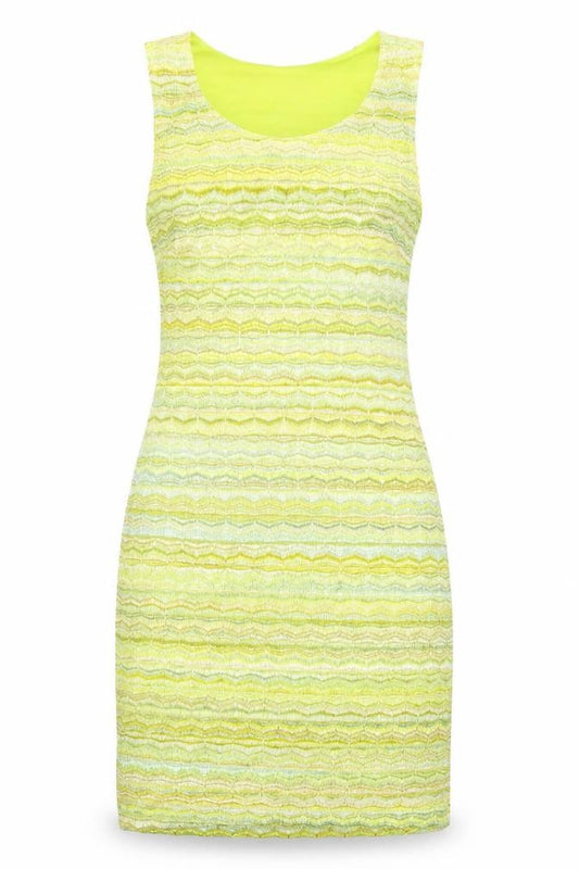 Front view of H&M women’s green geometric polyester tank dress, size M, scoop neck pullover