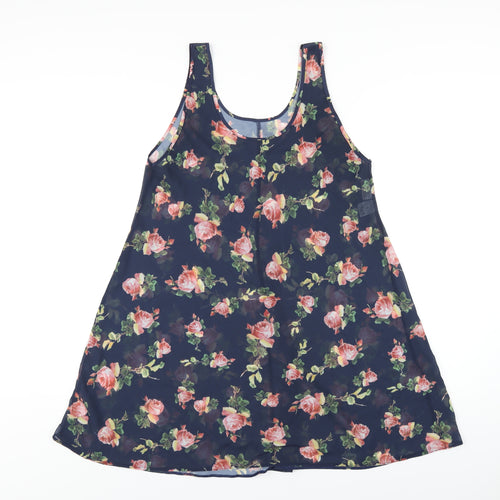 Chaslyn Womens Blue Floral Polyester A-Line Size S Scoop Neck Pullover