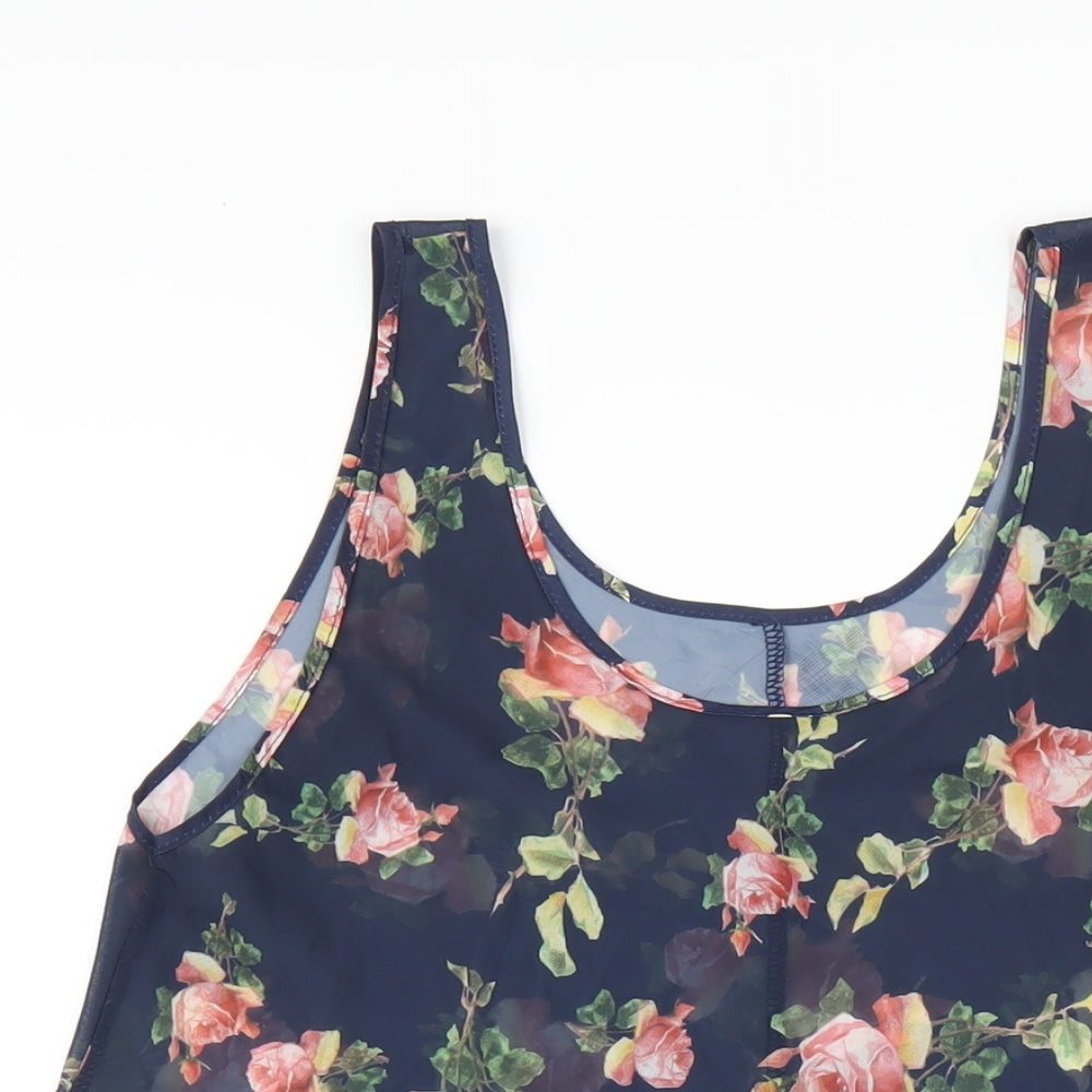 Chaslyn Womens Blue Floral Polyester A-Line Size S Scoop Neck Pullover