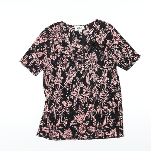 Afibel Womens Black Floral Polyester Basic T-Shirt Size 14 Round Neck