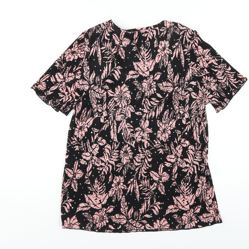 Afibel Womens Black Floral Polyester Basic T-Shirt Size 14 Round Neck