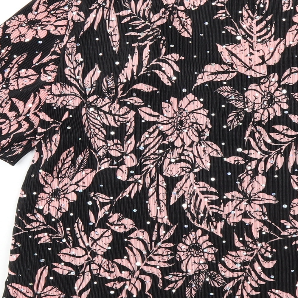 Afibel Womens Black Floral Polyester Basic T-Shirt Size 14 Round Neck