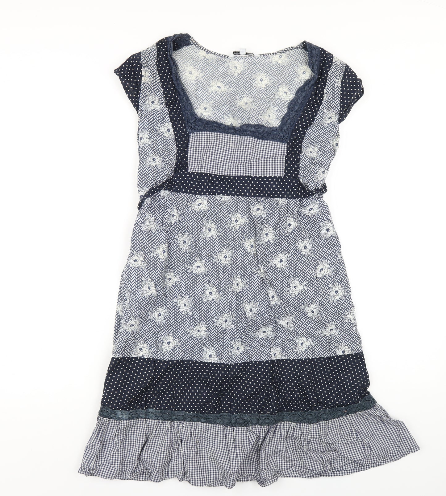 New Look Womens Blue Geometric Cotton A-Line Size 10 Square Neck Pullover