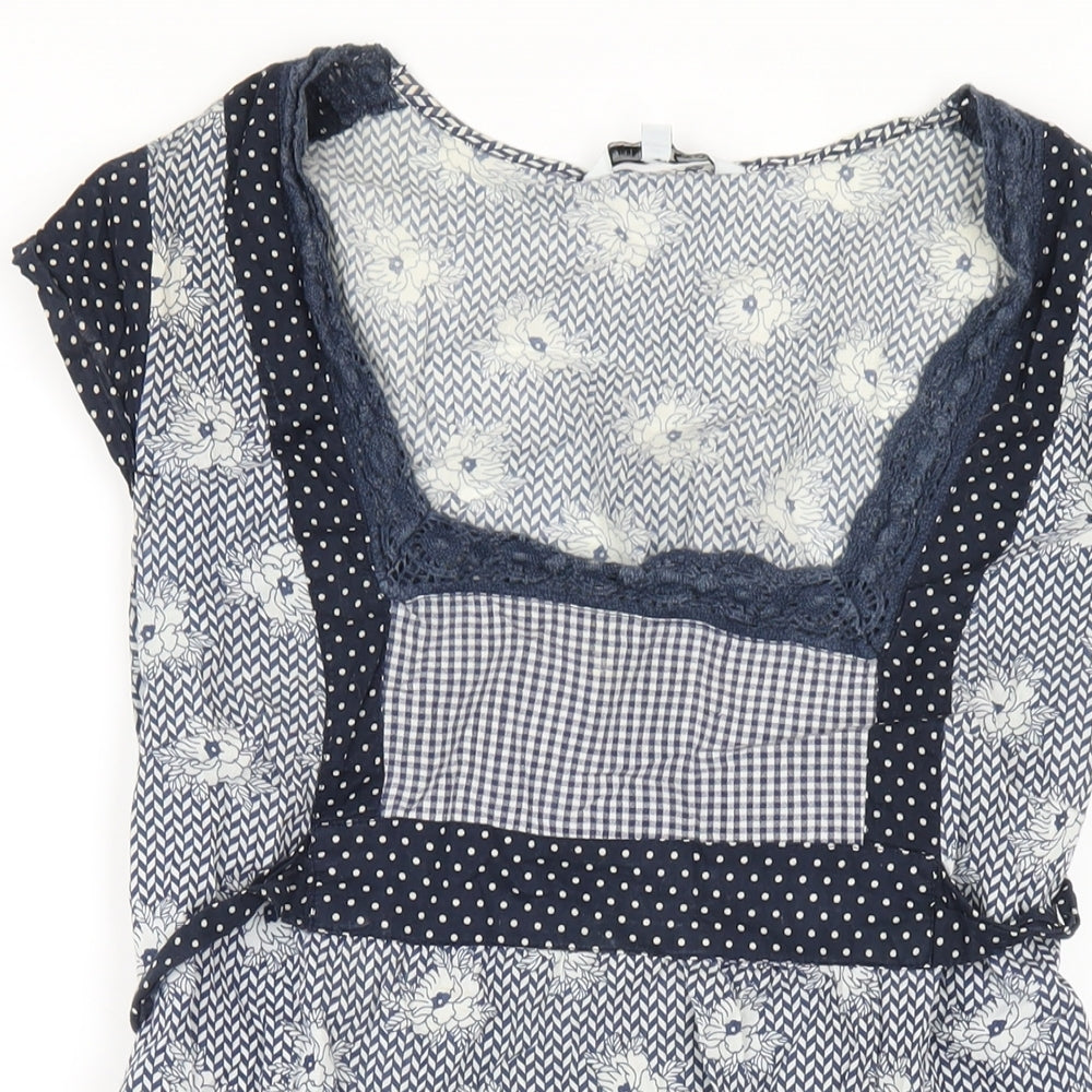 New Look Womens Blue Geometric Cotton A-Line Size 10 Square Neck Pullover