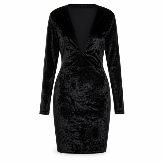 Front view of PRETTYLITTLETHING women’s black polyester bodycon, size UK 8, v-neck pullover