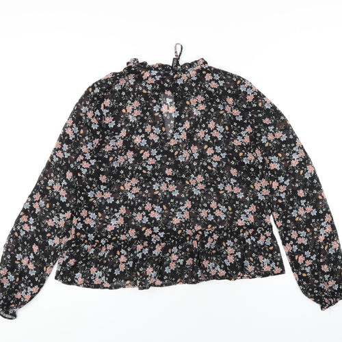 H&M Womens Black Floral Polyester Basic Blouse Size 12 Round Neck