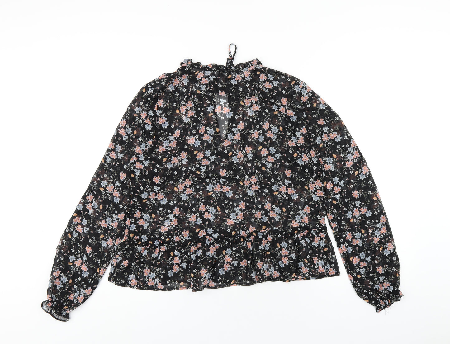 H&M Womens Black Floral Polyester Basic Blouse Size 12 Round Neck