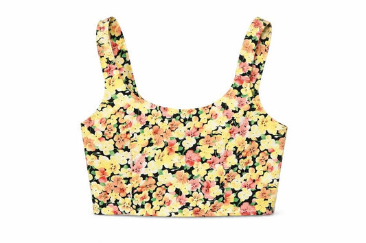 Front view of Gold women’s multicoloured floral polyester cropped t-shirt, size UK 10, round neck
