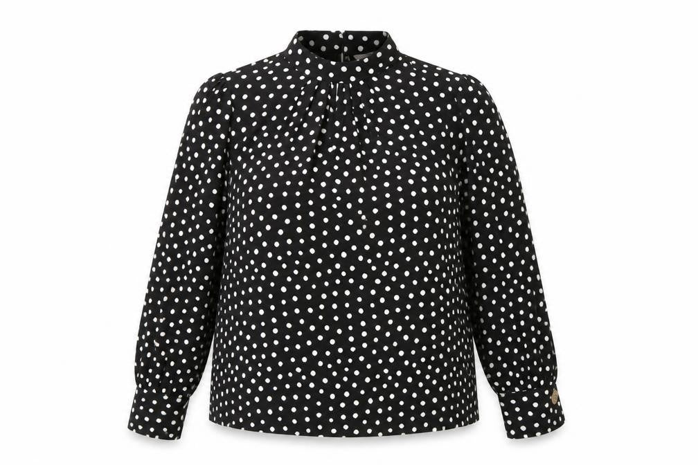 Front view of Dorothy Perkins women’s black polka dot polyester basic blouse, size UK 10, round neck