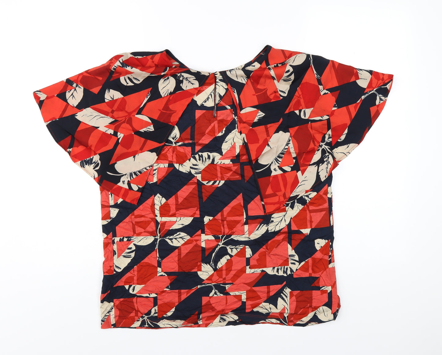 Marks and Spencer Womens Red Geometric Viscose Basic T-Shirt Size 16 Round Neck