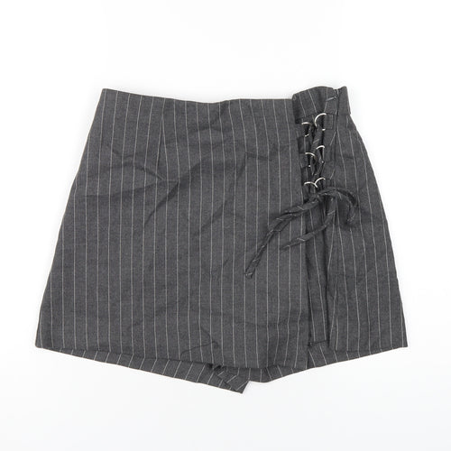 Bershka Womens Grey Striped Polyester Skort Skirt Size L Zip