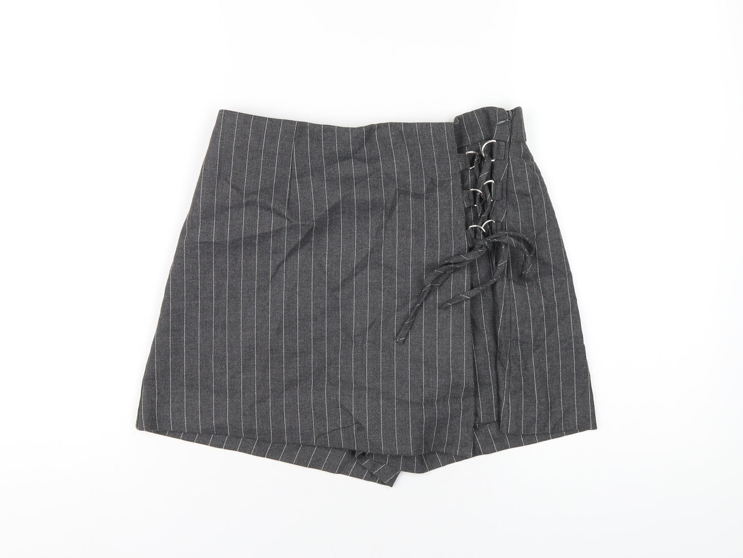 Bershka Womens Grey Striped Polyester Skort Skirt Size L Zip