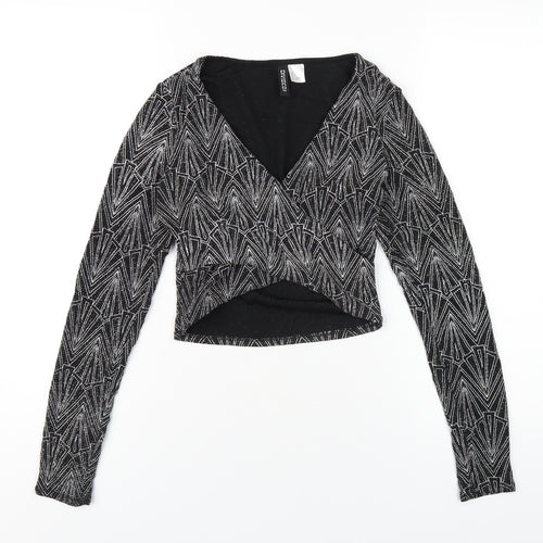 H&M Womens Black Geometric Polyamide Cropped T-Shirt Size S V-Neck