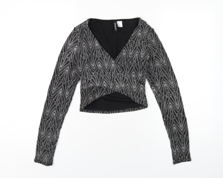 H&M Womens Black Geometric Polyamide Cropped T-Shirt Size S V-Neck