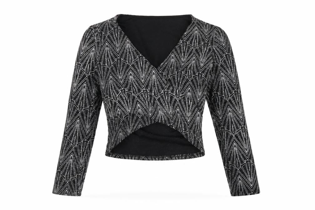Front view of H&M women’s black geometric polyamide cropped t-shirt, size S, v-neck