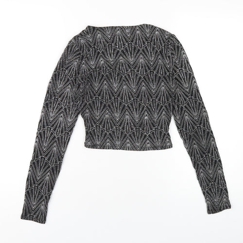 H&M Womens Black Geometric Polyamide Cropped T-Shirt Size S V-Neck