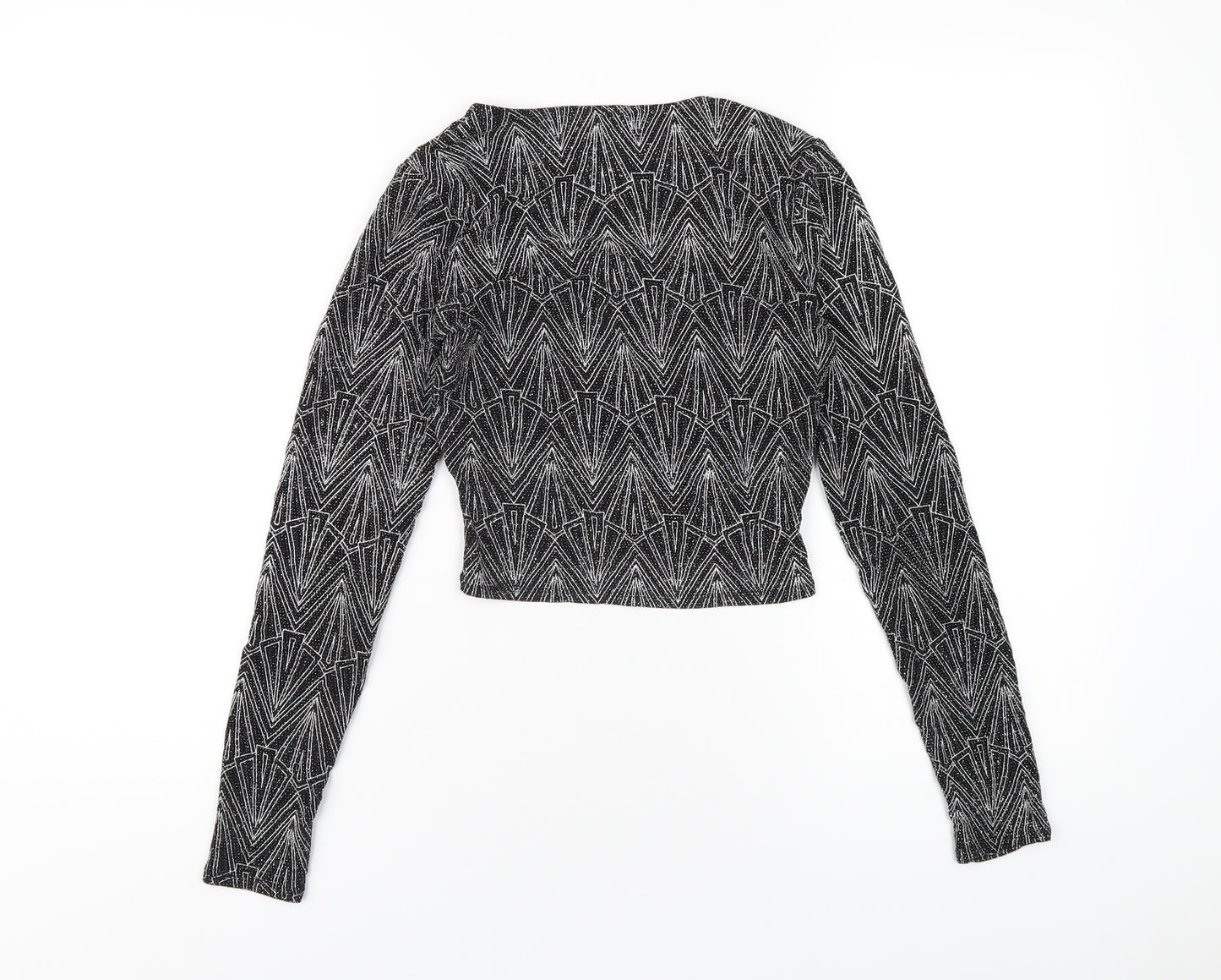 H&M Womens Black Geometric Polyamide Cropped T-Shirt Size S V-Neck