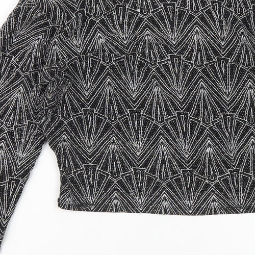 H&M Womens Black Geometric Polyamide Cropped T-Shirt Size S V-Neck