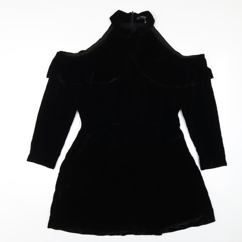 Zara Womens Black Polyester A-Line Size L Round Neck Zip - Cold Shoulder