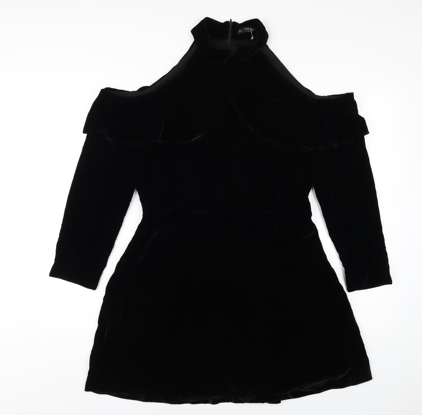 Zara Womens Black Polyester A-Line Size L Round Neck Zip - Cold Shoulder