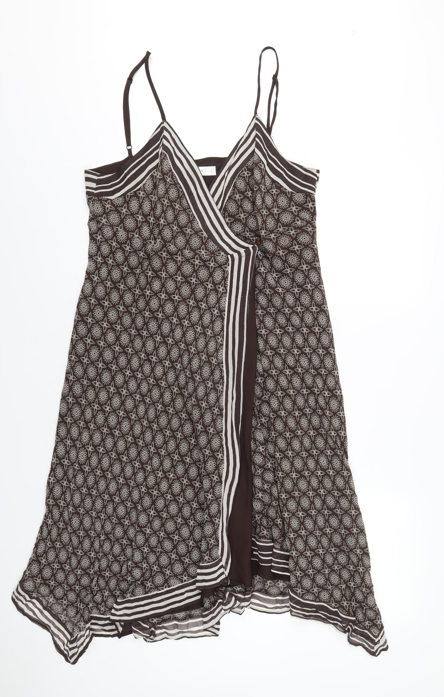 NEXT Womens Brown Geometric Silk Slip Dress Size 20 V-Neck Button