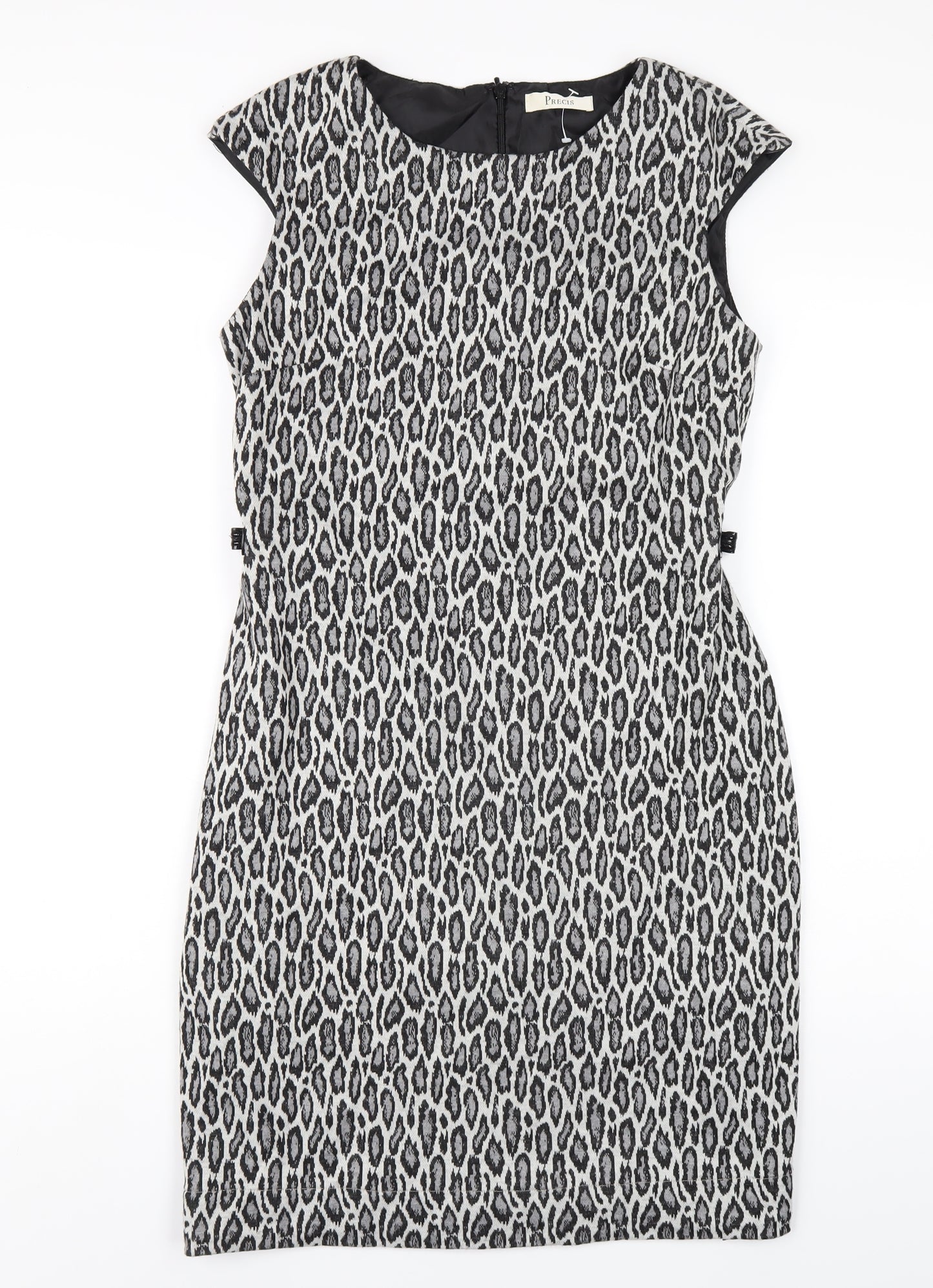 Precis Womens Grey Animal Print Polyester Pencil Dress Size 12 Round Neck Zip