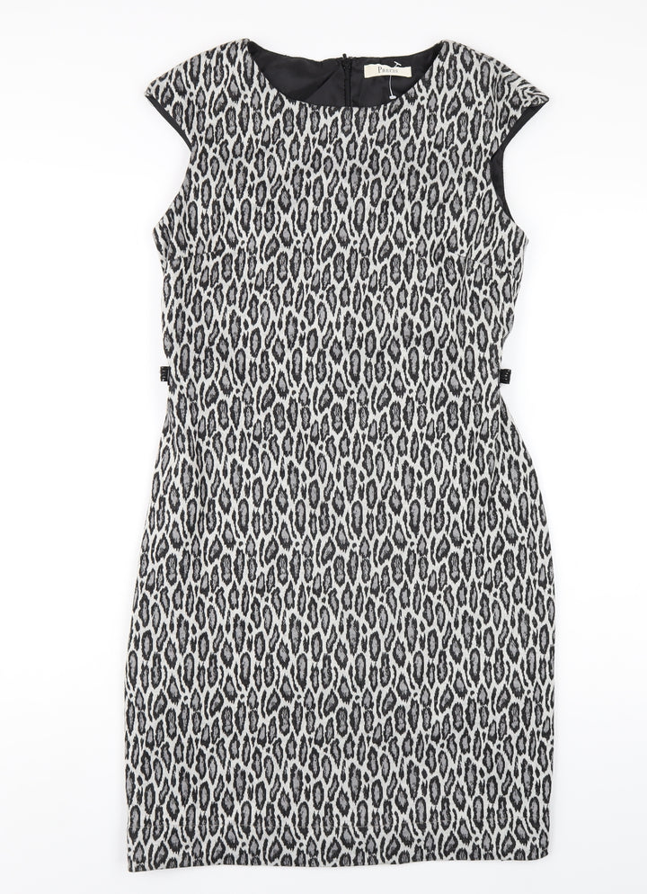Precis Womens Grey Animal Print Polyester Pencil Dress Size 12 Round Neck Zip