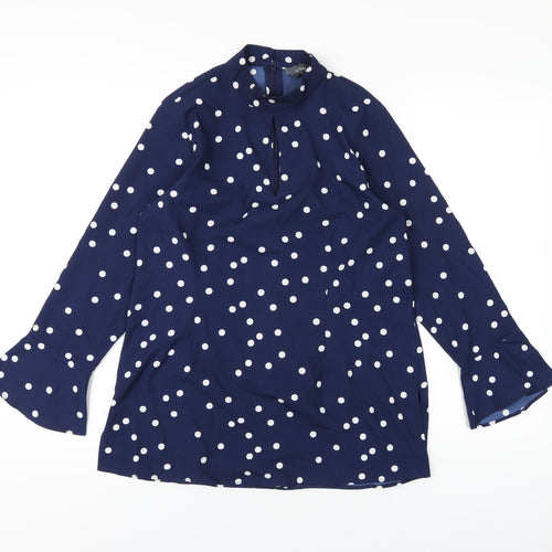 Sosandar Womens Blue Polka Dot Polyester Basic T-Shirt Size 10 Round Neck