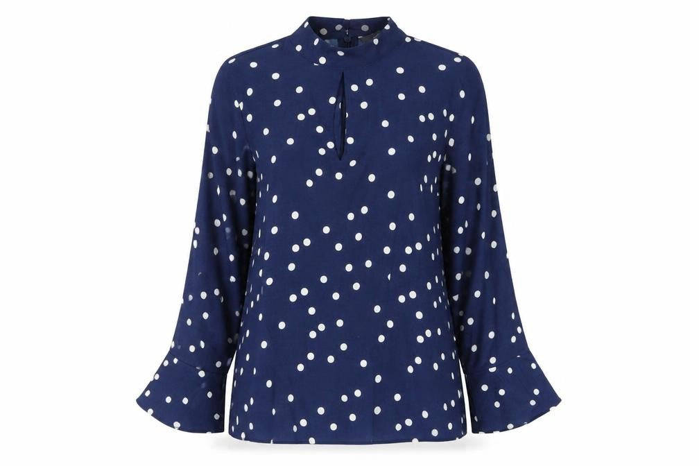 Front view of Sonsandar women’s blue polka dot polyester basic t-shirt, size UK 10, round neck