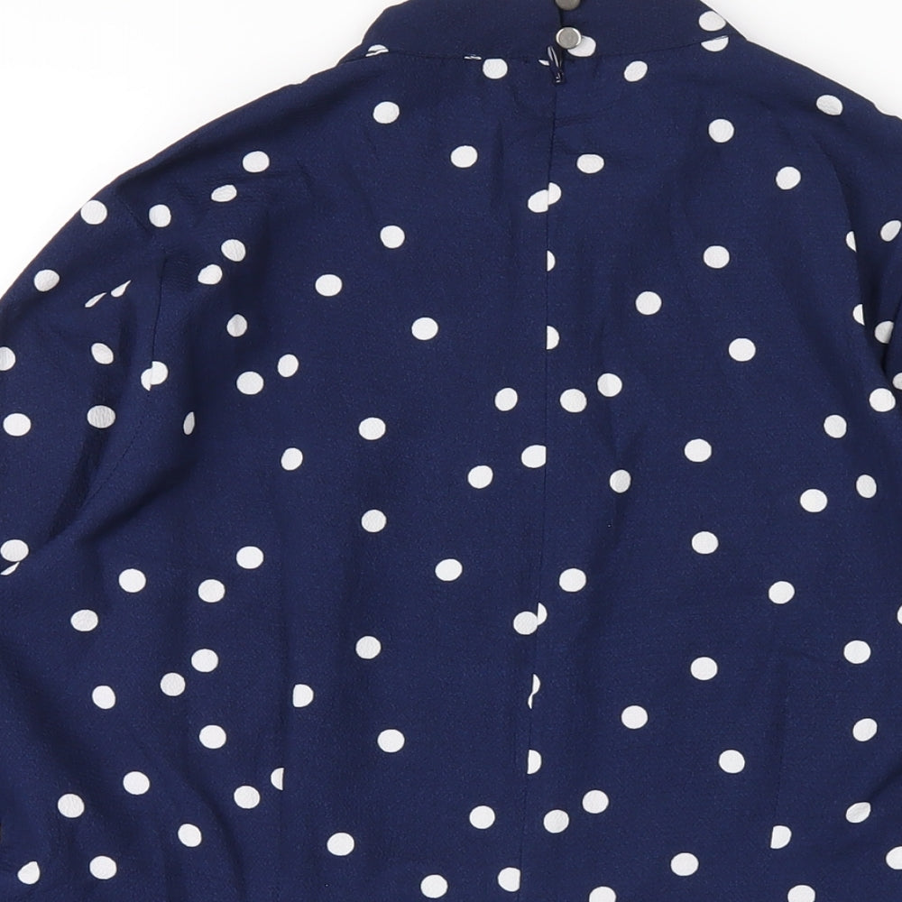 Sosandar Womens Blue Polka Dot Polyester Basic T-Shirt Size 10 Round Neck