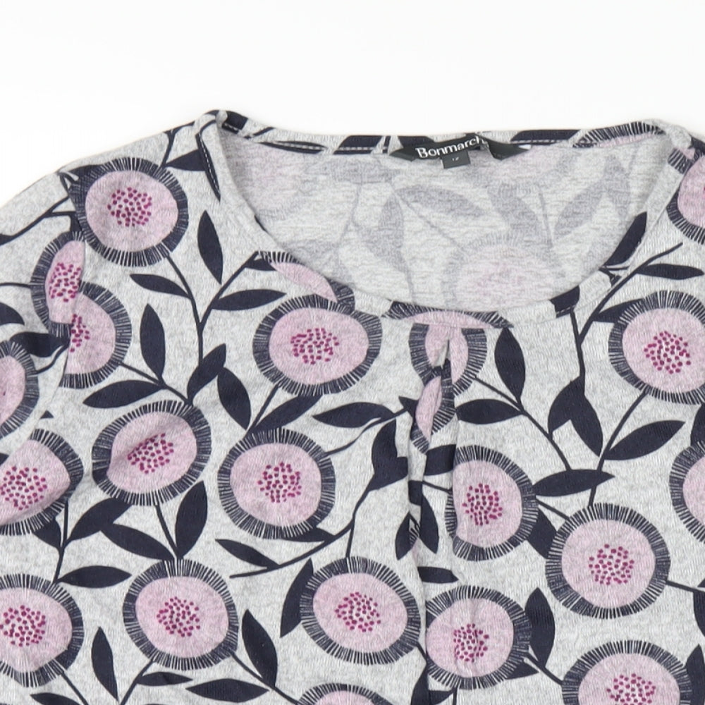 Bonmarché Womens Grey Geometric Polyester Basic T-Shirt Size 12 Round Neck