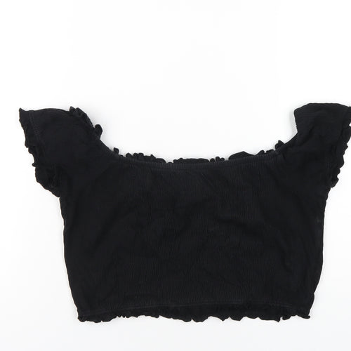 New Look Womens Black Cotton Cropped T-Shirt Size 12 Scoop Neck