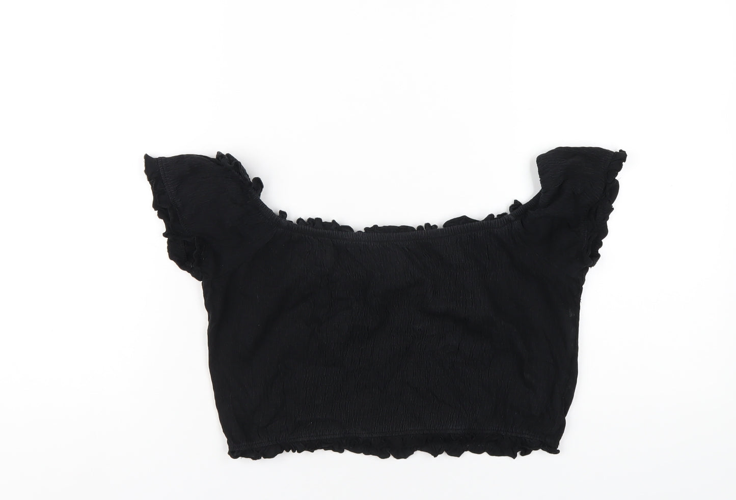 New Look Womens Black Cotton Cropped T-Shirt Size 12 Scoop Neck
