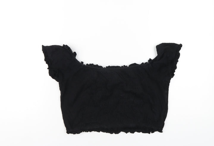 New Look Womens Black Cotton Cropped T-Shirt Size 12 Scoop Neck