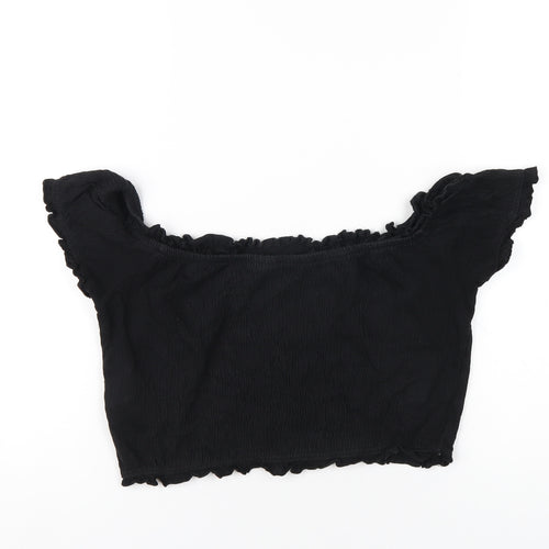 New Look Womens Black Cotton Cropped T-Shirt Size 12 Scoop Neck