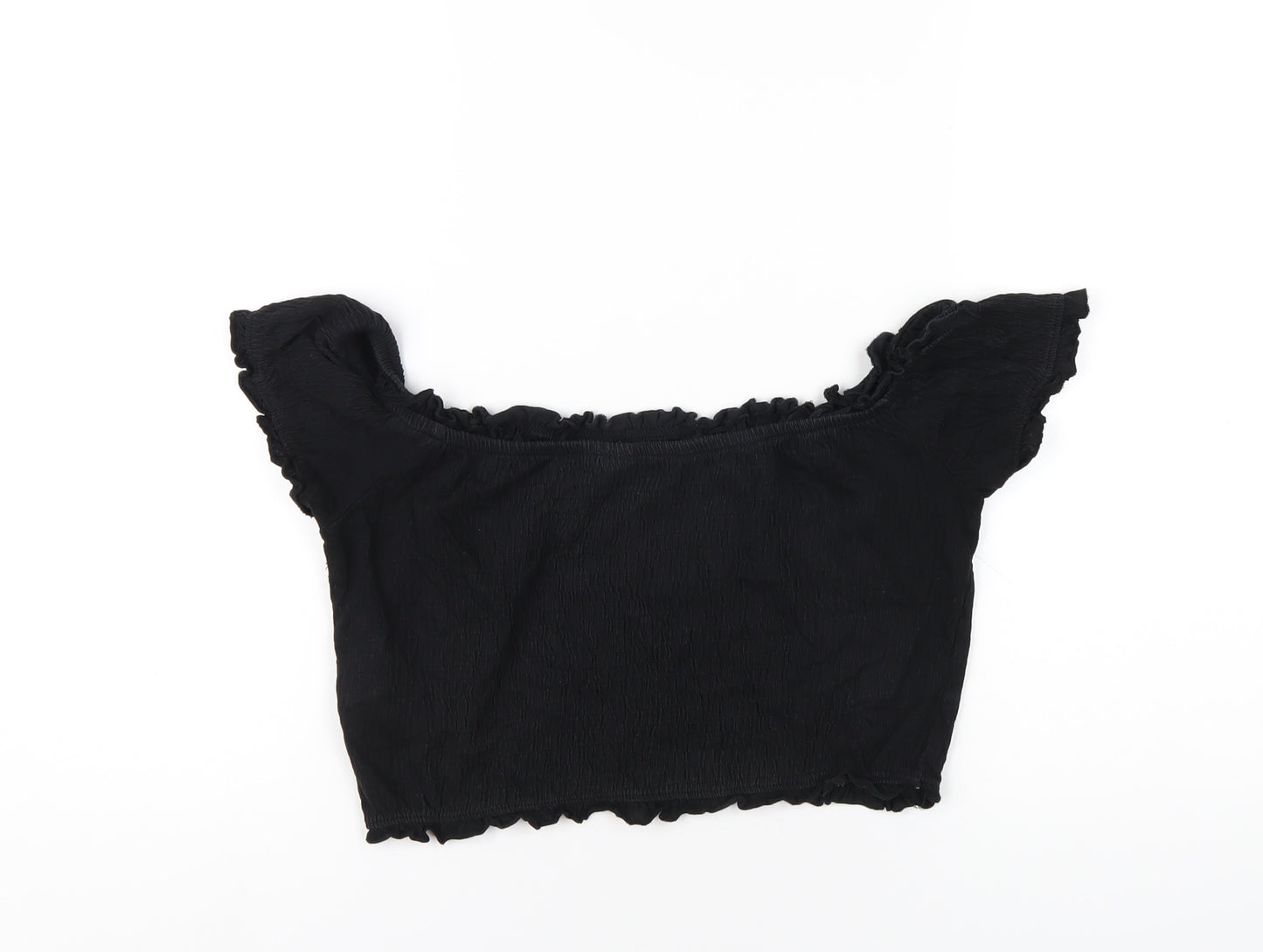 New Look Womens Black Cotton Cropped T-Shirt Size 12 Scoop Neck