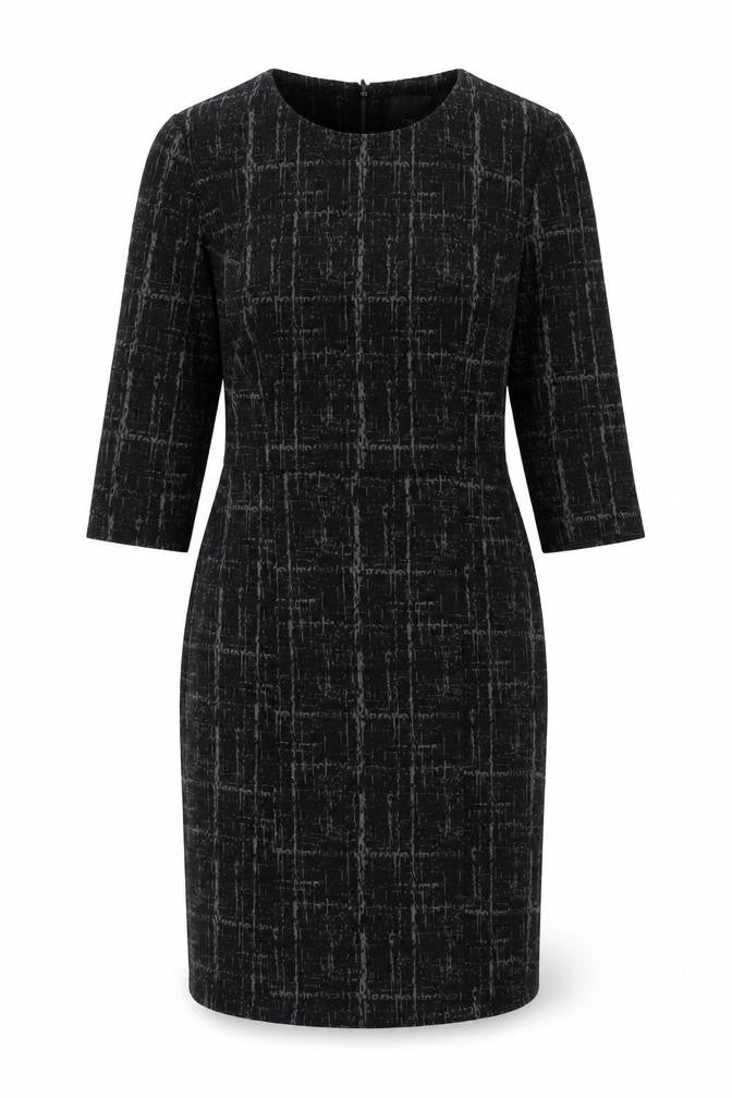 Front view of Next women’s black geometric polyester pencil dress, size UK 12, round neck zip