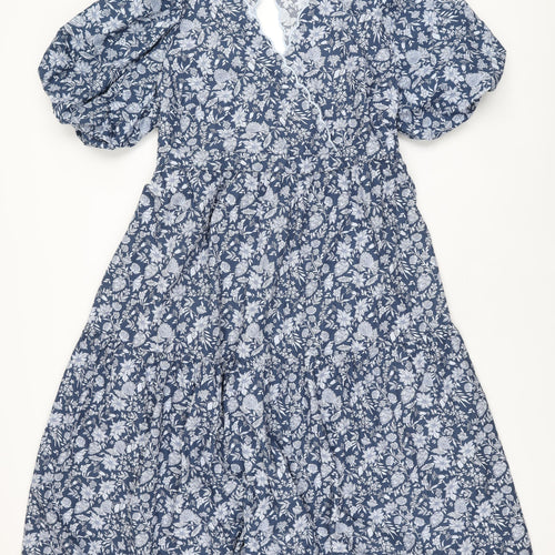Marks and Spencer Womens Blue Floral Polyester A-Line Size 20 V-Neck Pullover