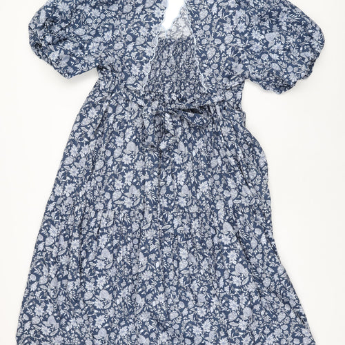 Marks and Spencer Womens Blue Floral Polyester A-Line Size 20 V-Neck Pullover