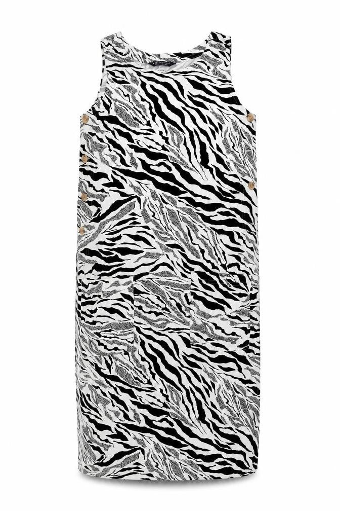 Marks and Spencer Womens White Animal Print Linen Shift Size 6 Round Neck Button - Zebra Print