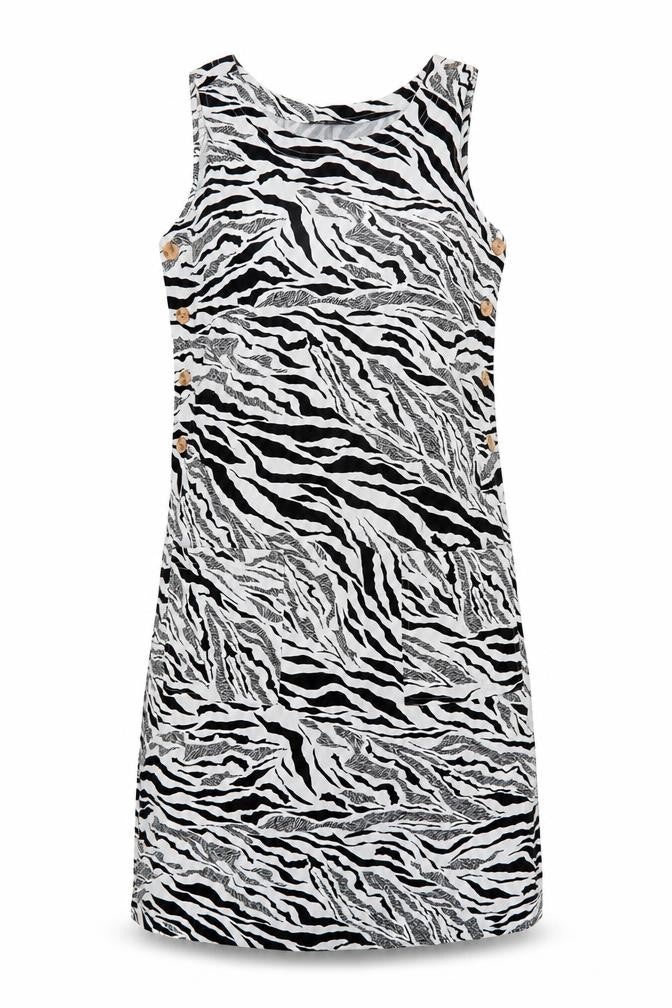 Front view of Marks & Spencer women’s white animal print linen shift, size UK 6, round neck button