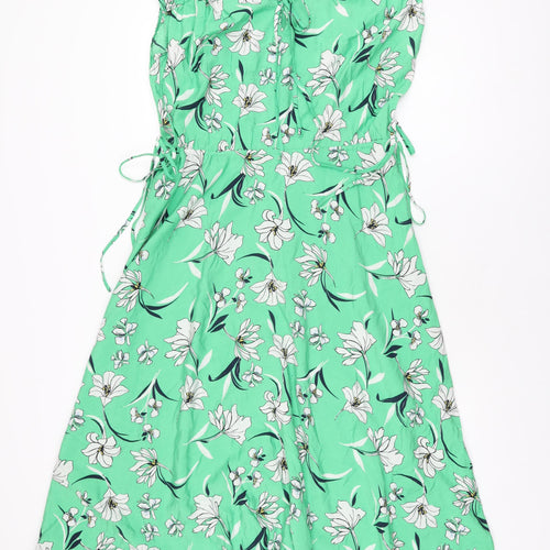 Marks and Spencer Womens Green Floral Viscose A-Line Size 8 V-Neck Tie