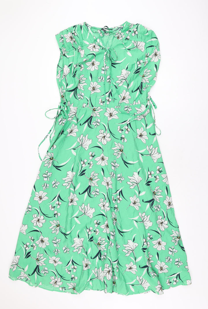 Marks and Spencer Womens Green Floral Viscose A-Line Size 8 V-Neck Tie